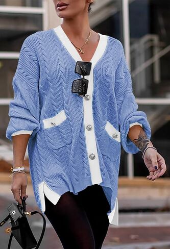 Pink Queen 2023 Fall Cardigan for Women Long Sleeve Colorblock Cable Knit Oversized Cardigans Sweater Dress with Pockets in Saudi Arabia