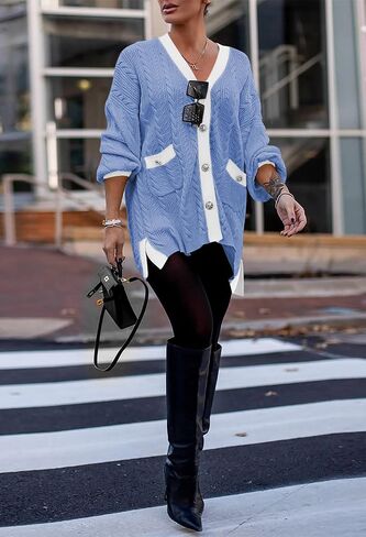 Pink Queen 2023 Fall Cardigan for Women Long Sleeve Colorblock Cable Knit Oversized Cardigans Sweater Dress with Pockets in Saudi Arabia
