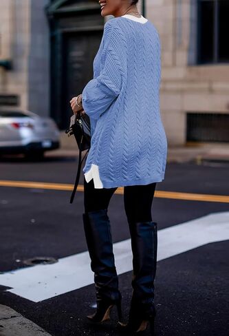 Pink Queen 2023 Fall Cardigan for Women Long Sleeve Colorblock Cable Knit Oversized Cardigans Sweater Dress with Pockets in Saudi Arabia
