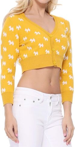 YEMAK Women's Knit Cardigan Sweater – 3/4 Sleeve Button Down Crewneck Cute Cat Dog Pattern Casual Lightweight Knitted Top in Kuwait
