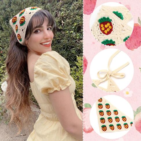 FULZTEY Crochet Bandanas Headbands for Women Black Bandana White Hippie Hairband Hallow Flower Head Scarf Knitted Floral Headwraps Vintage Head Kerchief Boho Hair Accessories 2Pcs in Saudi Arabia