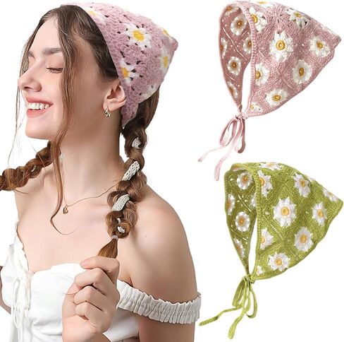 FULZTEY Crochet Bandanas Headbands for Women Black Bandana White Hippie Hairband Hallow Flower Head Scarf Knitted Floral Headwraps Vintage Head Kerchief Boho Hair Accessories 2Pcs in Saudi Arabia