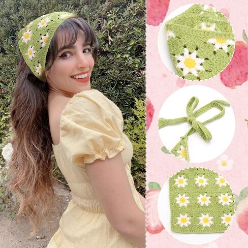 FULZTEY Crochet Bandanas Headbands for Women Black Bandana White Hippie Hairband Hallow Flower Head Scarf Knitted Floral Headwraps Vintage Head Kerchief Boho Hair Accessories 2Pcs in Saudi Arabia