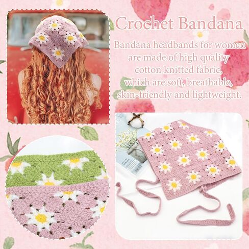 FULZTEY Crochet Bandanas Headbands for Women Black Bandana White Hippie Hairband Hallow Flower Head Scarf Knitted Floral Headwraps Vintage Head Kerchief Boho Hair Accessories 2Pcs in Saudi Arabia