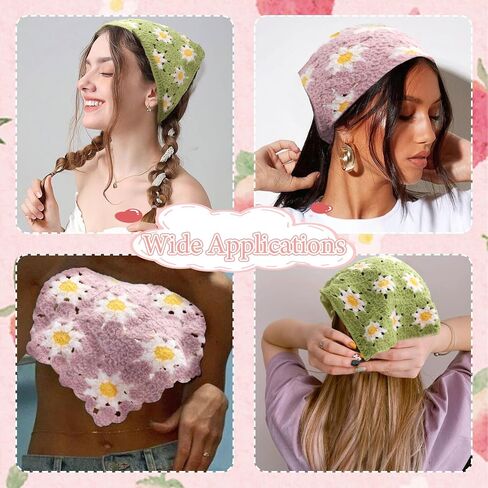 FULZTEY Crochet Bandanas Headbands for Women Black Bandana White Hippie Hairband Hallow Flower Head Scarf Knitted Floral Headwraps Vintage Head Kerchief Boho Hair Accessories 2Pcs in Saudi Arabia