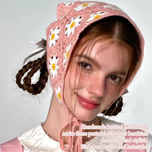 FULZTEY Crochet Bandanas Headbands for Women Black Bandana White Hippie Hairband Hallow Flower Head Scarf Knitted Floral Headwraps Vintage Head Kerchief Boho Hair Accessories 2Pcs in Saudi Arabia