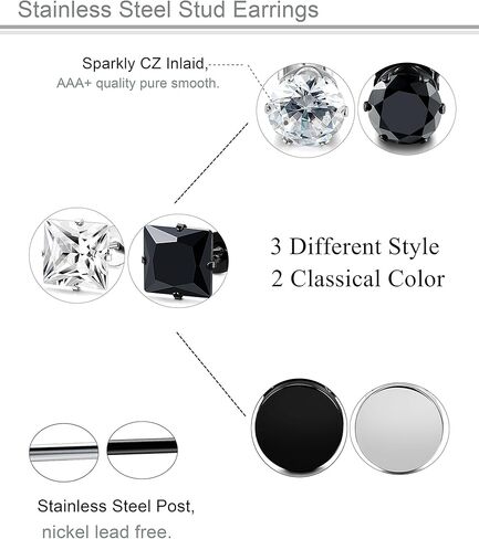 FUNRUN JEWELRY 4-6 أزواج من الأقراط المصنوعة من الفولاذ المقاوم للصدأ للرجال والنساء أقراط دائرية من تشيكوسلوفاكيا باللون الأسود 3-10 ملم in Kuwait