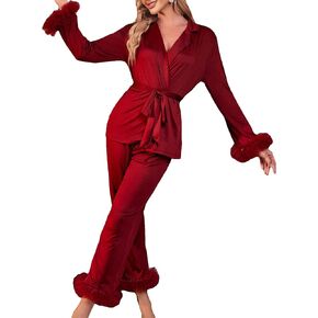 OYOANGLE Women's 2 Piece Pajama Set Contrast Mesh Lapel Neck Belted Long Sleeve Top and Pants Lounge Set