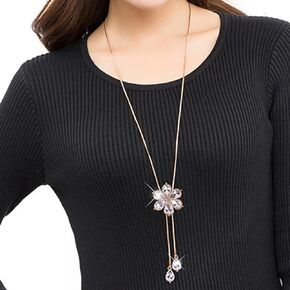 Chargances Gold Crystal Flower Pendant Necklace Long Sweater Necklace Rhinestone Pendant Y Choker Necklaces Fashion Jewelry for Women Girls
