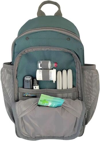 شوغر ميديكال - حقيبة ظهر معزولة للسفر لمرضى السكري - جيوب متعددة معزولة بالكامل، حقيبة ظهر مع حلقات مرنة للإمدادات الطبية لمرضى السكري والأدوية واختبار الجلوكوز والجلوكاجون (رمادي ضبابي) in Kuwait