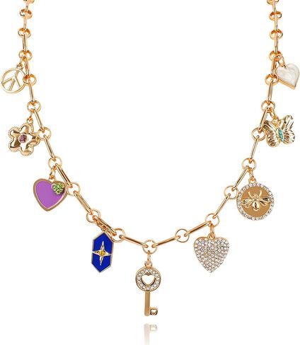 Gold Charm Necklace for Women Teen Girls Gold Plated Chain Necklace with Cute CZ Love Heart Key Flower Butterfly Bee Cross Star Peace Sign Pendant Adjustable Party Hippie Jewelry Gift for Girls in Kuwait