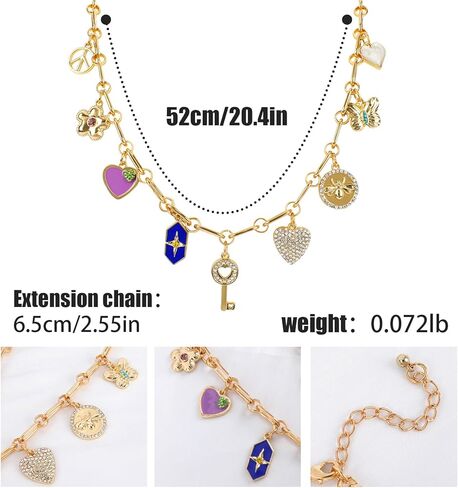 Gold Charm Necklace for Women Teen Girls Gold Plated Chain Necklace with Cute CZ Love Heart Key Flower Butterfly Bee Cross Star Peace Sign Pendant Adjustable Party Hippie Jewelry Gift for Girls in Kuwait
