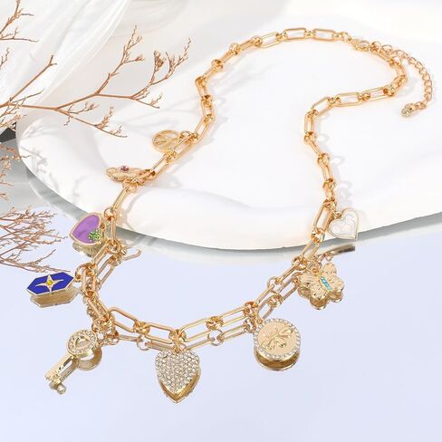 Gold Charm Necklace for Women Teen Girls Gold Plated Chain Necklace with Cute CZ Love Heart Key Flower Butterfly Bee Cross Star Peace Sign Pendant Adjustable Party Hippie Jewelry Gift for Girls in Kuwait
