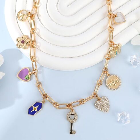 Gold Charm Necklace for Women Teen Girls Gold Plated Chain Necklace with Cute CZ Love Heart Key Flower Butterfly Bee Cross Star Peace Sign Pendant Adjustable Party Hippie Jewelry Gift for Girls in Kuwait