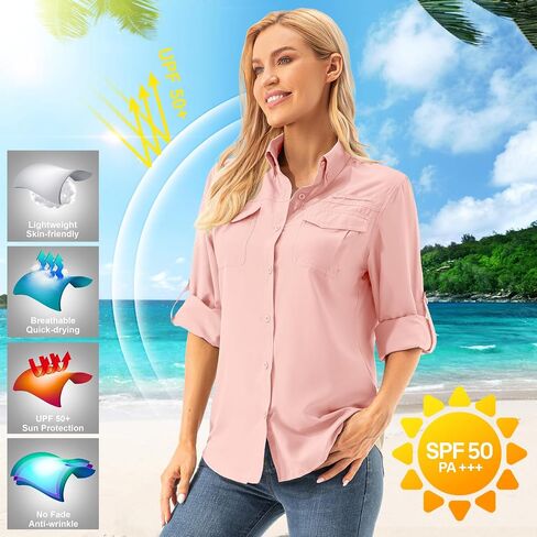Womens Safari Sun Shirts UPF 50+ UV Sun Protection Long Sleeve Outdoor Quick Dry Fishing Hiking Gardening Shirts in Saudi Arabia