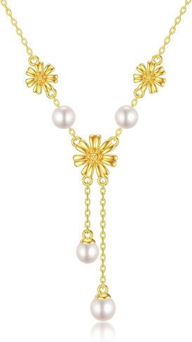 Solid 14K Gold Sunflower Necklace for Women, Gold Pearl Y Shape Lariat Necklace Birthday Anniversary Mother'Day Jewelry Gift for Mom, Wife, 16"+ 2" in Saudi Arabia