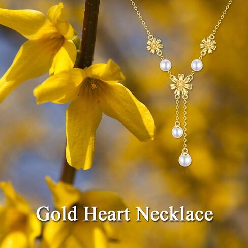 Solid 14K Gold Sunflower Necklace for Women, Gold Pearl Y Shape Lariat Necklace Birthday Anniversary Mother'Day Jewelry Gift for Mom, Wife, 16"+ 2" in Saudi Arabia