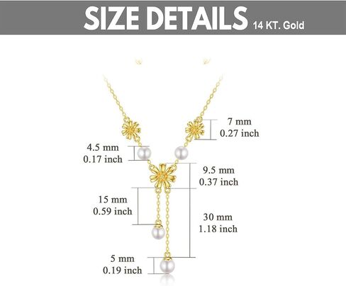 Solid 14K Gold Sunflower Necklace for Women, Gold Pearl Y Shape Lariat Necklace Birthday Anniversary Mother'Day Jewelry Gift for Mom, Wife, 16"+ 2" in Saudi Arabia