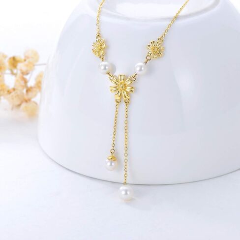Solid 14K Gold Sunflower Necklace for Women, Gold Pearl Y Shape Lariat Necklace Birthday Anniversary Mother'Day Jewelry Gift for Mom, Wife, 16"+ 2" in Saudi Arabia