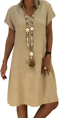 Fronage Women's Cotton Linen Midi Dress V Neck Short Sleeve Causal Loose Tshirt Dresses Summer in Saudi Arabia