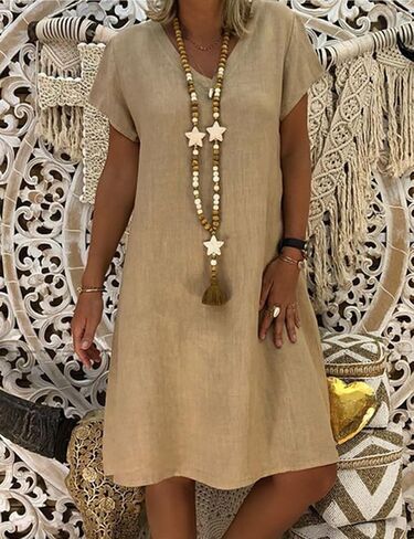 Fronage Women's Cotton Linen Midi Dress V Neck Short Sleeve Causal Loose Tshirt Dresses Summer in Saudi Arabia