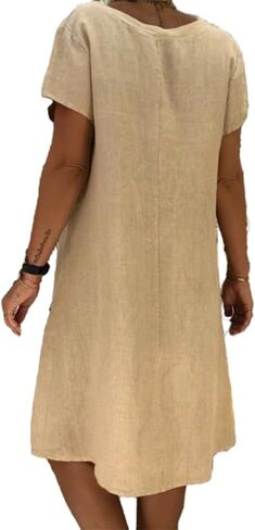 Fronage Women's Cotton Linen Midi Dress V Neck Short Sleeve Causal Loose Tshirt Dresses Summer in Saudi Arabia