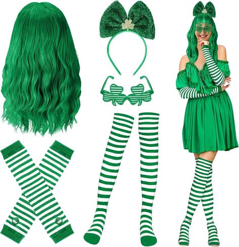 Geyoga 6 Pcs St. Patricks Day Costume Accessories Set Green Wigs for Women Clovers Glasses Shamrock Headbands Leprechaun Irish Thigh High Socks Sleeves in Saudi Arabia