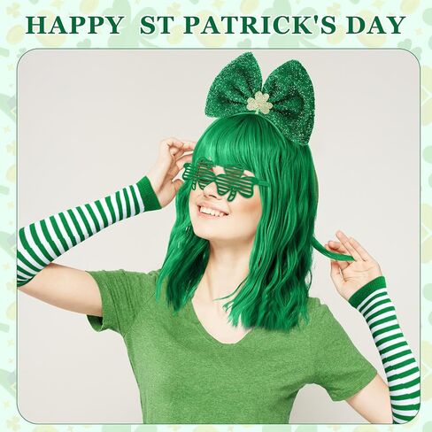 Geyoga 6 Pcs St. Patricks Day Costume Accessories Set Green Wigs for Women Clovers Glasses Shamrock Headbands Leprechaun Irish Thigh High Socks Sleeves in Saudi Arabia