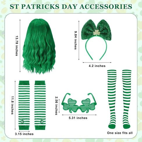 Geyoga 6 Pcs St. Patricks Day Costume Accessories Set Green Wigs for Women Clovers Glasses Shamrock Headbands Leprechaun Irish Thigh High Socks Sleeves in Saudi Arabia
