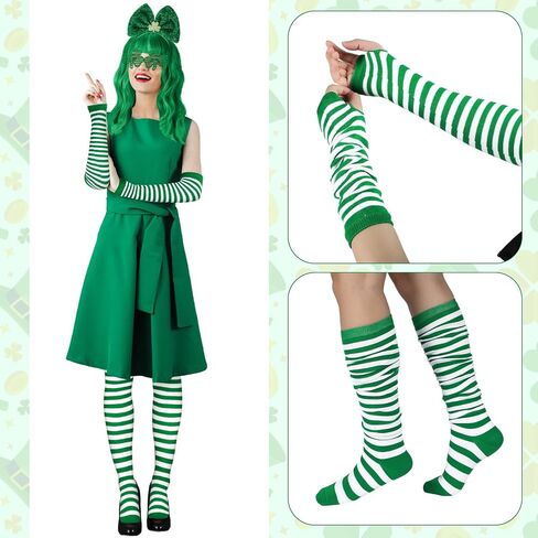Geyoga 6 Pcs St. Patricks Day Costume Accessories Set Green Wigs for Women Clovers Glasses Shamrock Headbands Leprechaun Irish Thigh High Socks Sleeves in Saudi Arabia