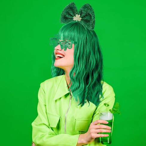 Geyoga 6 Pcs St. Patricks Day Costume Accessories Set Green Wigs for Women Clovers Glasses Shamrock Headbands Leprechaun Irish Thigh High Socks Sleeves in Saudi Arabia