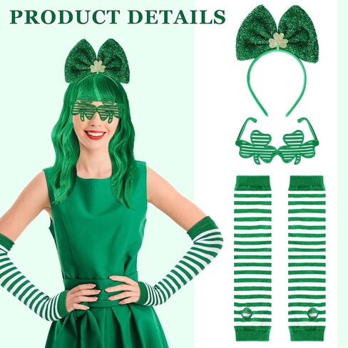 Geyoga 6 Pcs St. Patricks Day Costume Accessories Set Green Wigs for Women Clovers Glasses Shamrock Headbands Leprechaun Irish Thigh High Socks Sleeves in Saudi Arabia