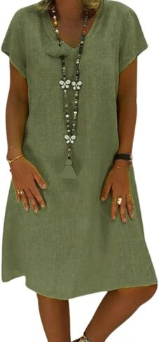 Fronage Women's Cotton Linen Midi Dress V Neck Short Sleeve Causal Loose Tshirt Dresses Summer in Saudi Arabia