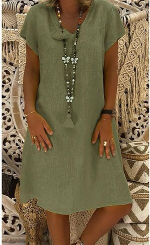 Fronage Women's Cotton Linen Midi Dress V Neck Short Sleeve Causal Loose Tshirt Dresses Summer in Saudi Arabia