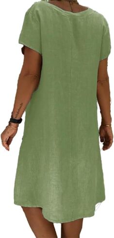 Fronage Women's Cotton Linen Midi Dress V Neck Short Sleeve Causal Loose Tshirt Dresses Summer in Saudi Arabia
