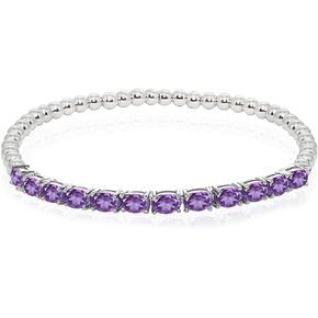 Sterling Silver Genuine, Created or Simulated Oval Gemstone Beaded Stretch Tennis Style Stackable Bracelet