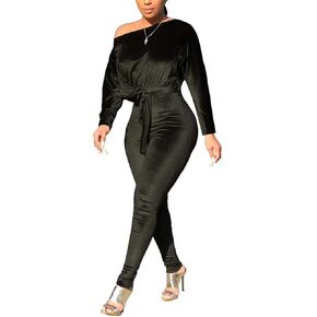 LKOUS Women Velvet Off Shoulder Jumpsuit Long Sleeve Bodycon Pants Suit One Piece Romper Party Clubwear with Belt