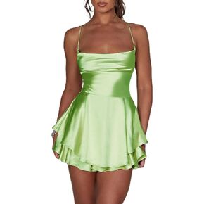 LouVasabuce Women Sexy Backless Short Romper Satin Dress Cowl Neck Tie Ruffle Layer Spaghetti Strap Jumpsuit Mini Dress