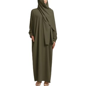 IDOPIP Abayas Muslim Dress for Women One Piece Long Sleeve Islamic Prayer Dress Maxi Kaftan Robe Prayer Clothes with Hijab