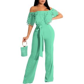CutieLove Women's Sexy Off Shoulder Solid Jumpsuits Casual Wide Leg Long Pants One Piece Jumpsuits with Belt