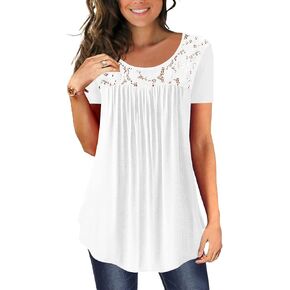 BeadChica Women's Casual Tunic Tops To Wear With Leggings Short Sleeve Flare Summer Loose TShirts Flowy Lace Blouses-White-M