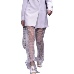 Women Sexy Crystal Rhinestone Mesh Pants Hollow Out Fishnet Leggings for Rave Party Festival Club Beach Cover Up