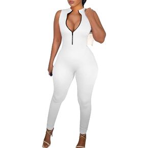 cailami Women's Sexy Sleeveless One Piece Bodycon Jumpsuits V Neck Zipper Club Rompers