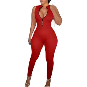 cailami Women's Sexy Sleeveless One Piece Bodycon Jumpsuits V Neck Zipper Club Rompers