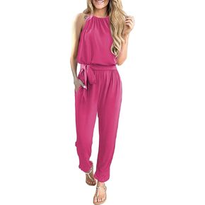 Byinns Women's Halter Neck One Piece Jumpsuit Sleeveless High Waist Belted Long Casual Summer Rompers