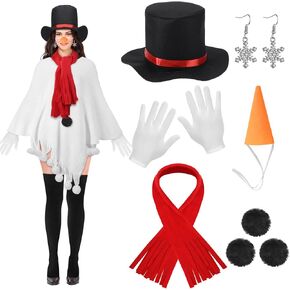 Chuarry 10 Pcs Snowman Costumes for Women Carrot Costume Christmas Cosplay Outfit White Sweater Gloves Snowman Hat Black Stockings Snowflake Earrings(Classic Style) in Kuwait