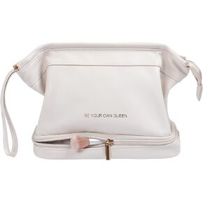 TOBEHIGHER Makeup Bag - Double Layer Travel Make up Bag, Travel Essentials Portable Leather Cosmetic Bag, Washable Waterproof Makeup Organizer Bag, White in Kuwait