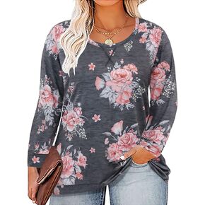 TIYOMI Plus Size Shirts Women Long Sleeve V Neck Basics Leopard Floral Camouflage Print Cute Casual Tops XL-5XL