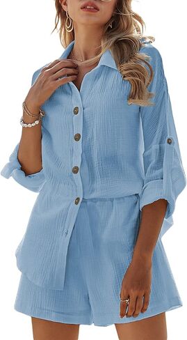 مجموعة ملابس نسائية صيفية غير رسمية من Ceuplon مكونة من قطعتين قميص بأكمام طويلة وأزرار سفلية وسروال قصير ملابس الشارع فضفاضة تناسب السراويل الرياضية مجموعة أزرق S in Kuwait