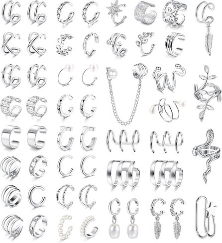 LOYALLOOK 53Pcs Ear Cuffs Earrings Set for Women Non Piercing Earrings Clip On Cartilage Helix Wrap Ear Jewelry Set Adjustable Ear Clip CZ Fake Cartilage Earring in Saudi Arabia